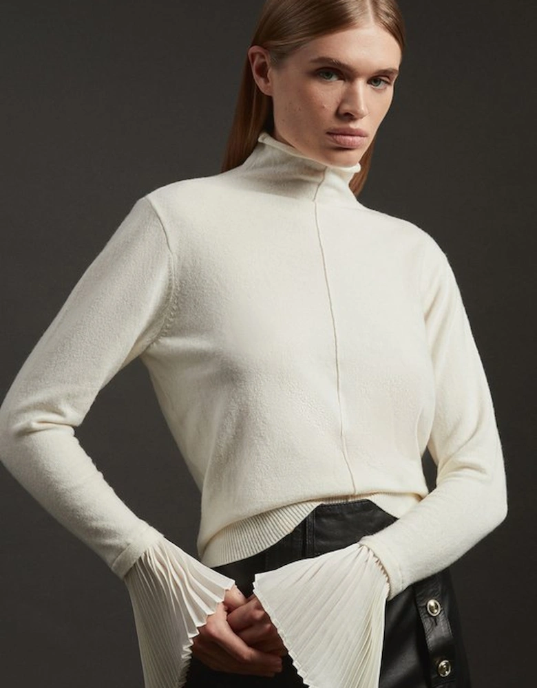 Wool and Alpaca Blend Knit Top With Pleated Silk Woven Cuffs