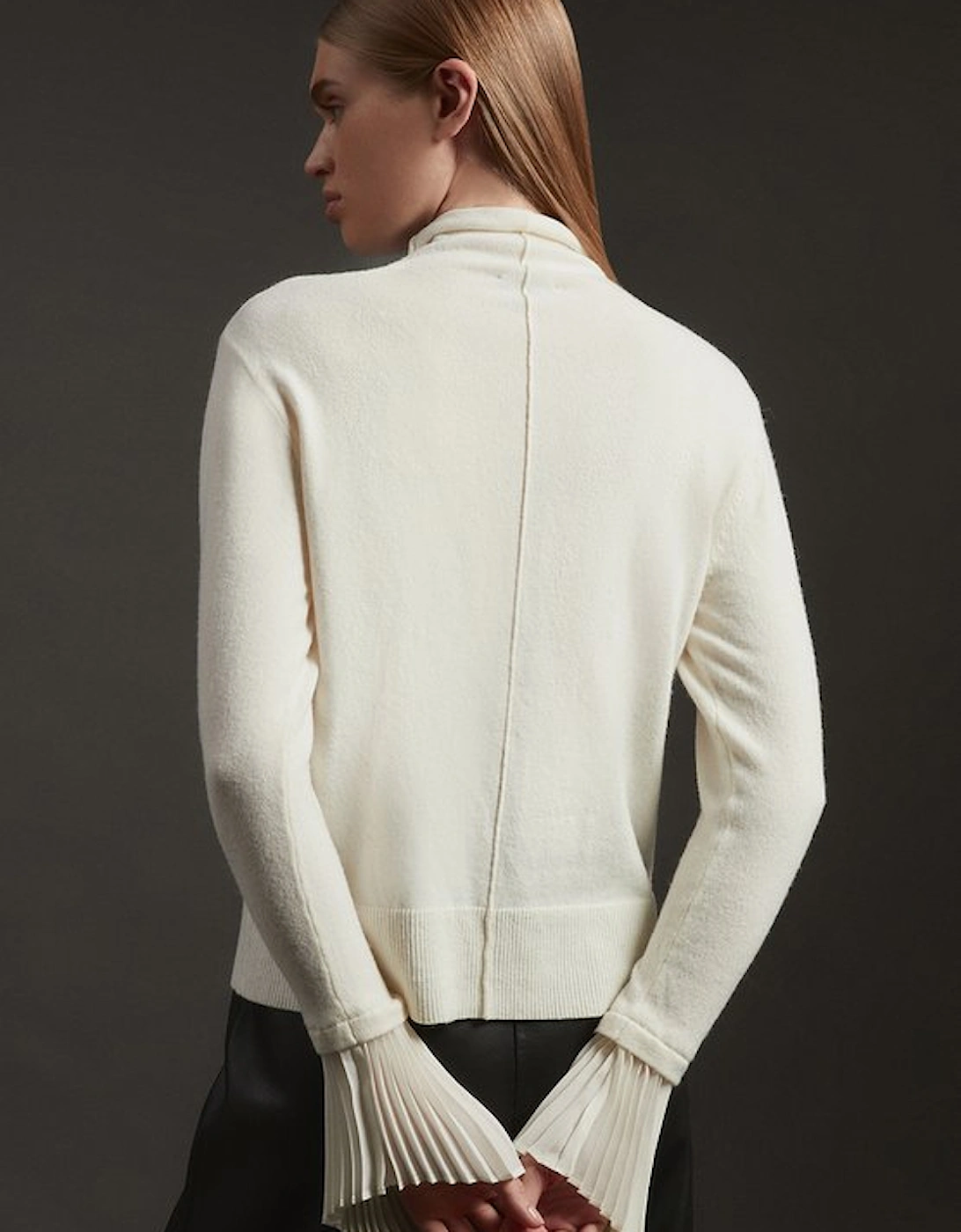 Wool and Alpaca Blend Knit Top With Pleated Silk Woven Cuffs