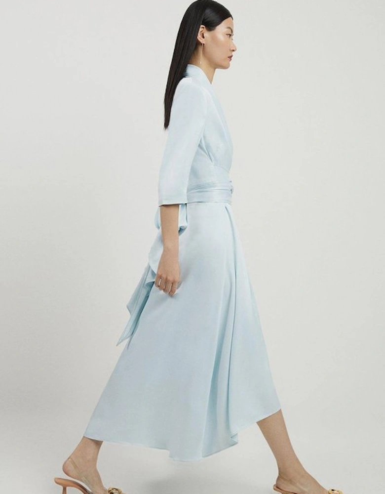 Satin Back Crepe Wrap Tie High Low Maxi Dress