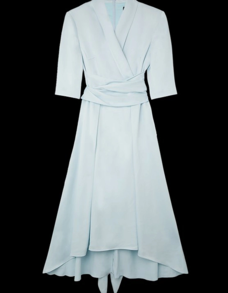 Satin Back Crepe Wrap Tie High Low Maxi Dress