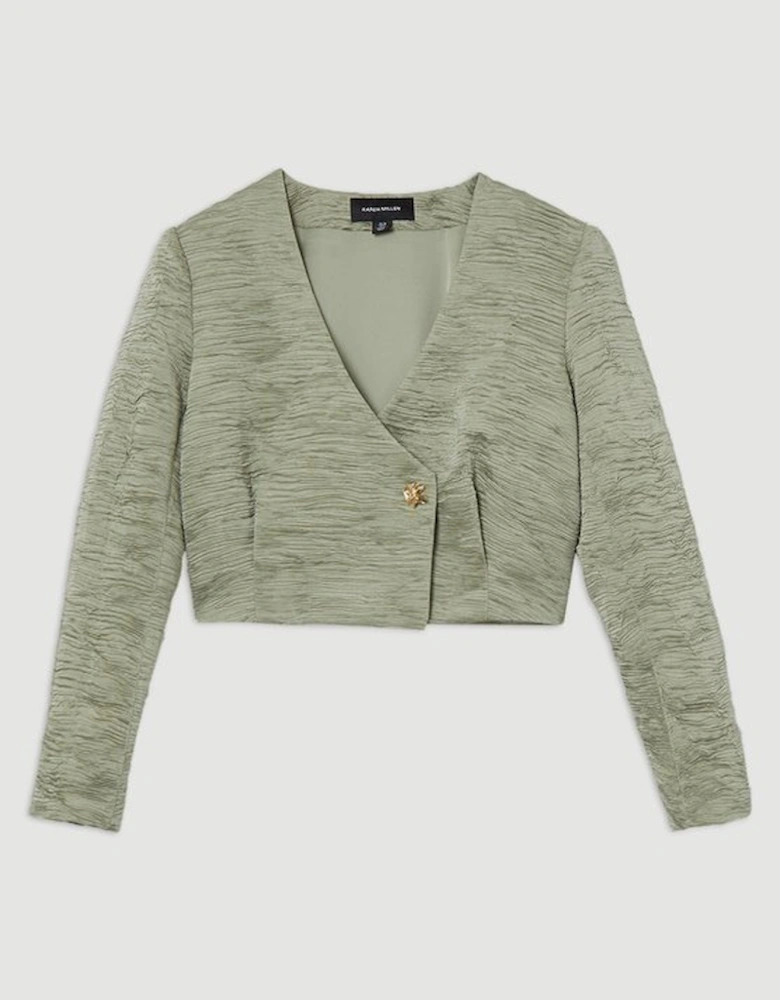 Crinkle Satin Button Front Cropped Tailored Jacket