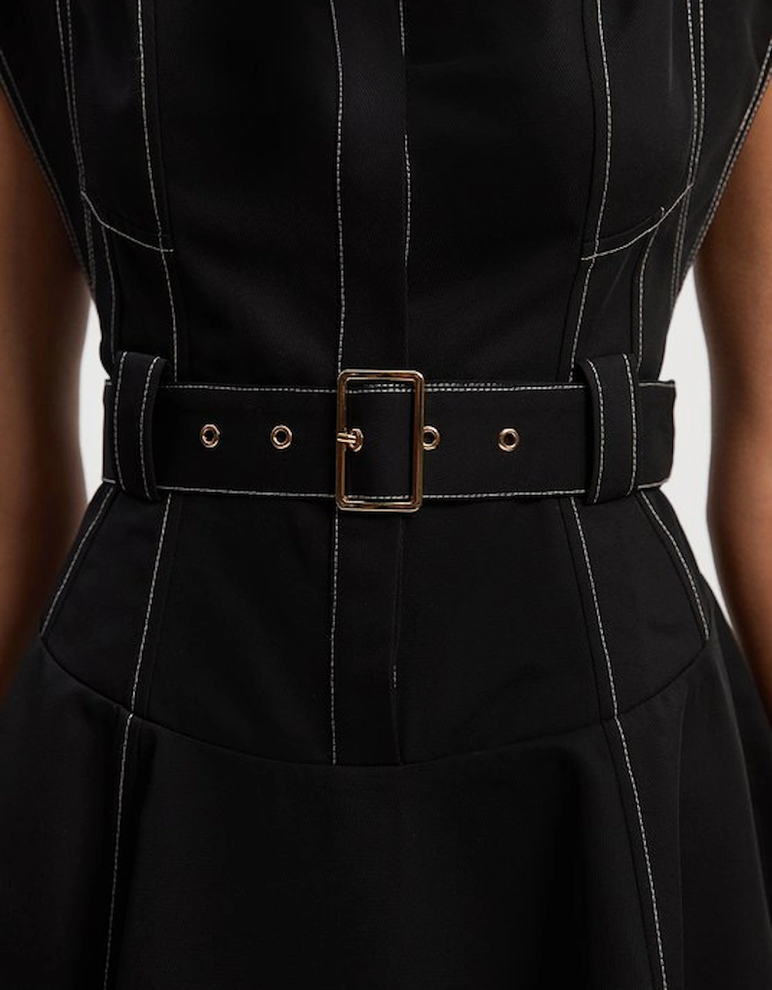 Petite Twill Contrast Hardware High Neck Woven Midi Dress