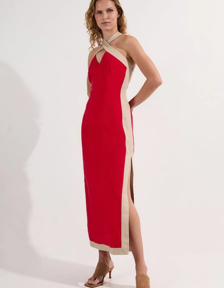 Linen Viscose Colour Block Halter Neck Woven Maxi Dress