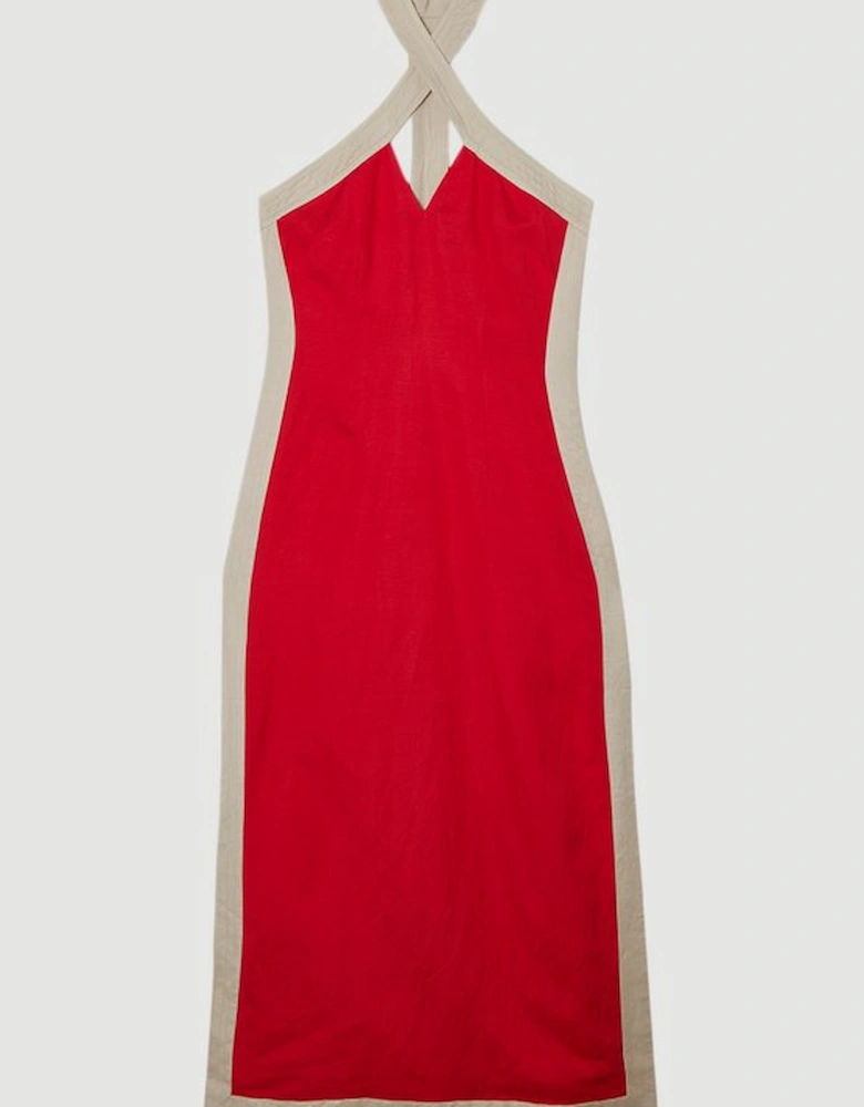 Linen Viscose Colour Block Halter Neck Woven Maxi Dress