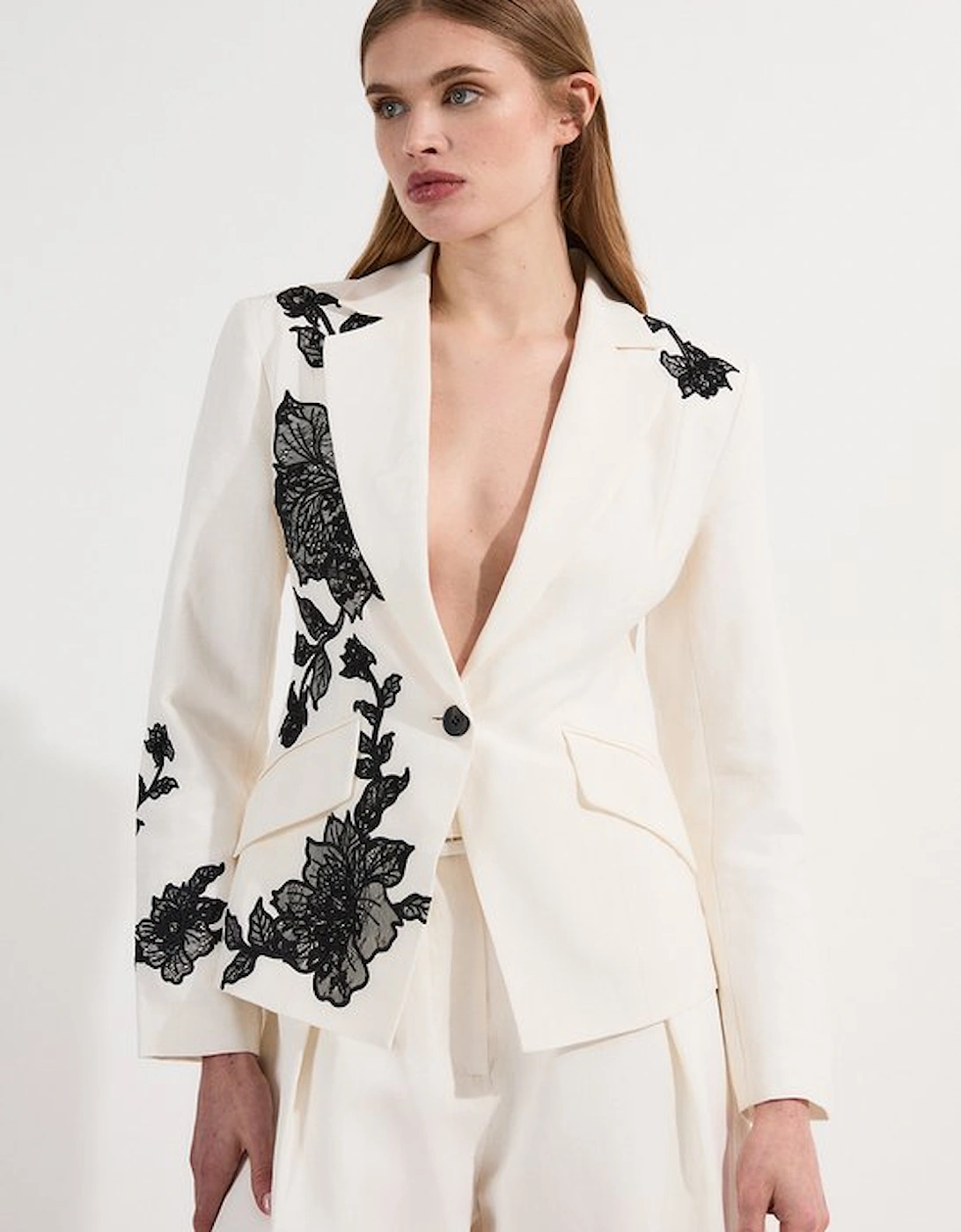 Viscose Linen Placed Floral Lace Embroideried Tailored Jacket, 5 of 4