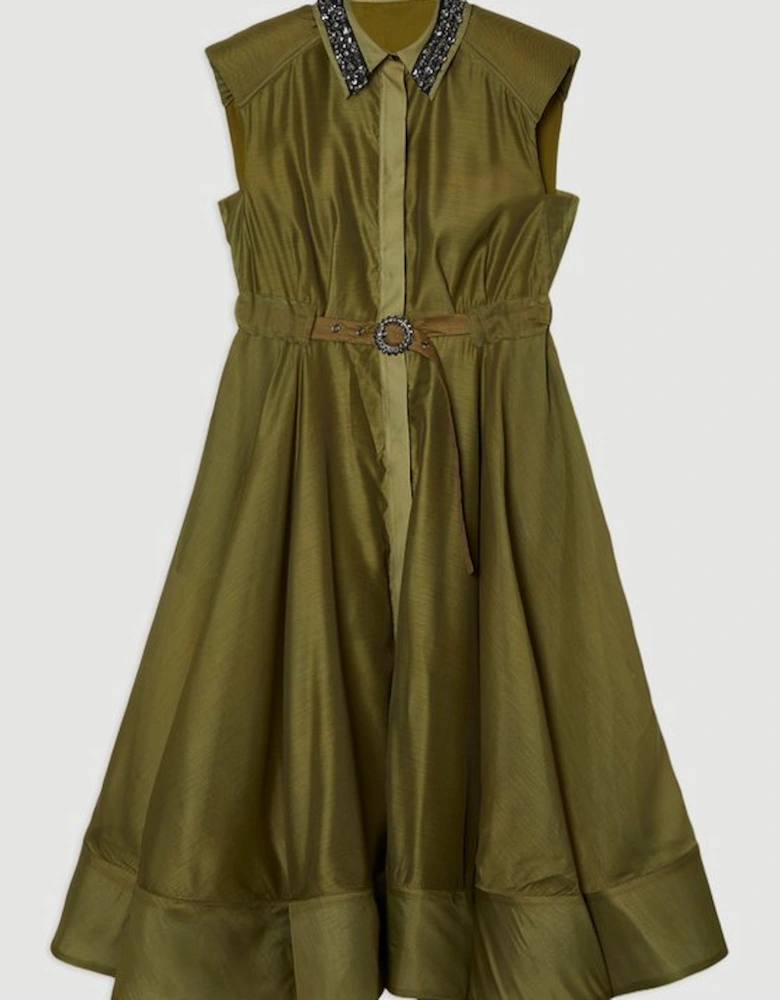 Organdie Shirt Dress With Crystal Embellished Belt