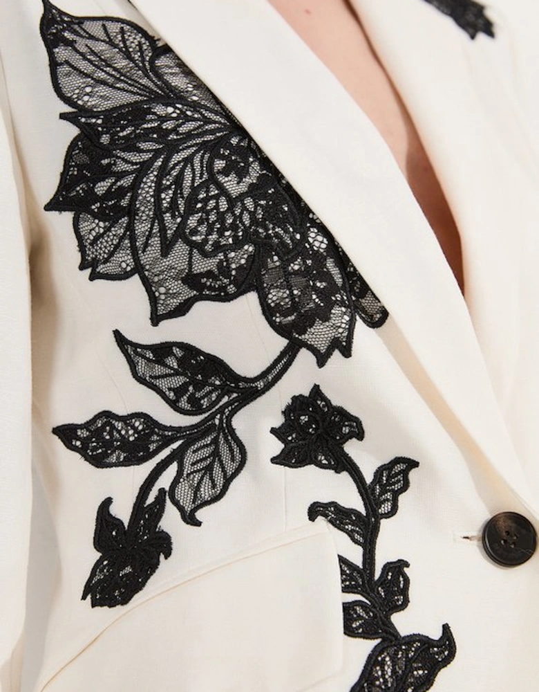Viscose Linen Placed Floral Lace Embroideried Tailored Jacket