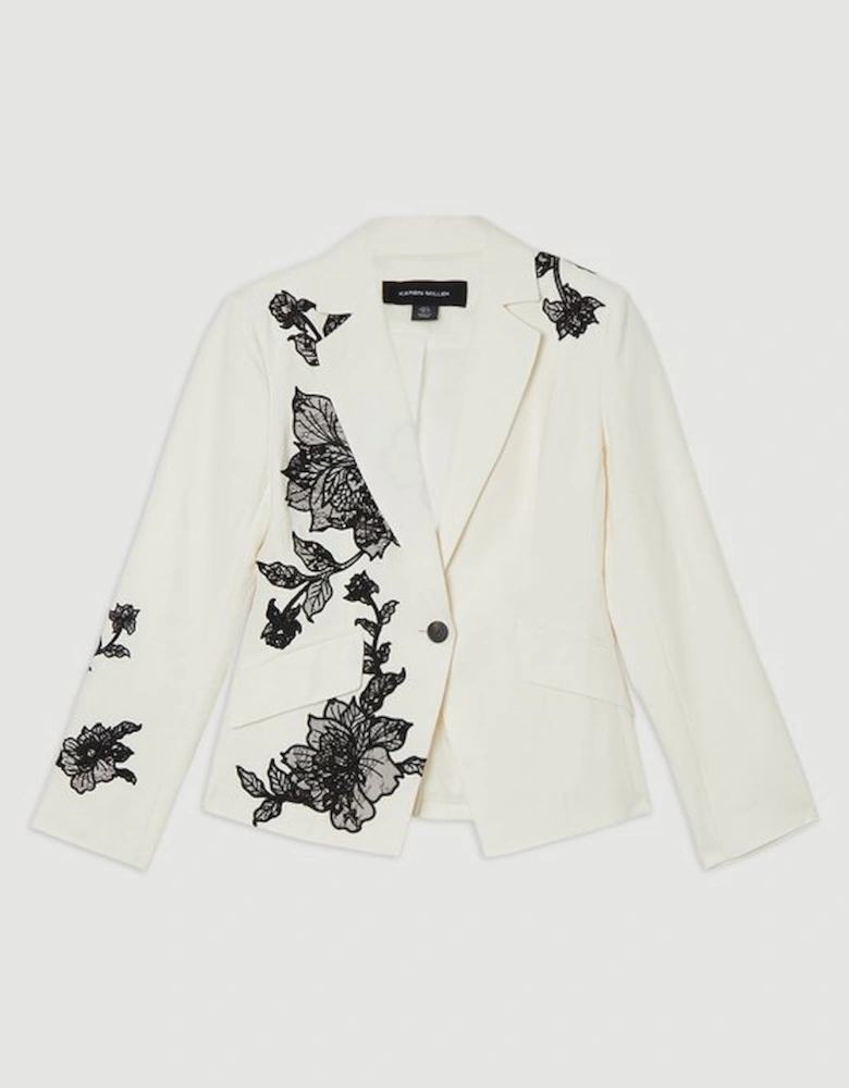 Viscose Linen Placed Floral Lace Embroideried Tailored Jacket