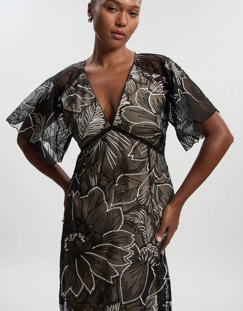 Plus Size Hand Embroidered And Sequin Organdie Deep V Woven Maxi Dress