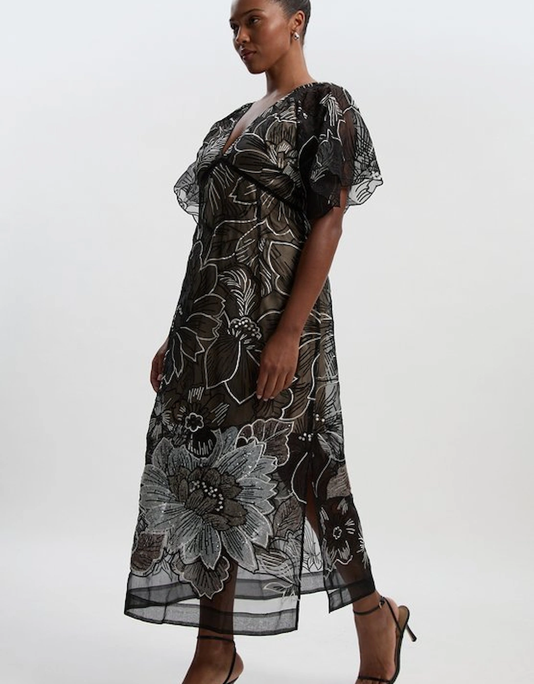 Plus Size Hand Embroidered And Sequin Organdie Deep V Woven Maxi Dress