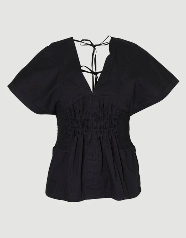 Shirred Cotton Woven Plunge Neck Short Sleeve Top