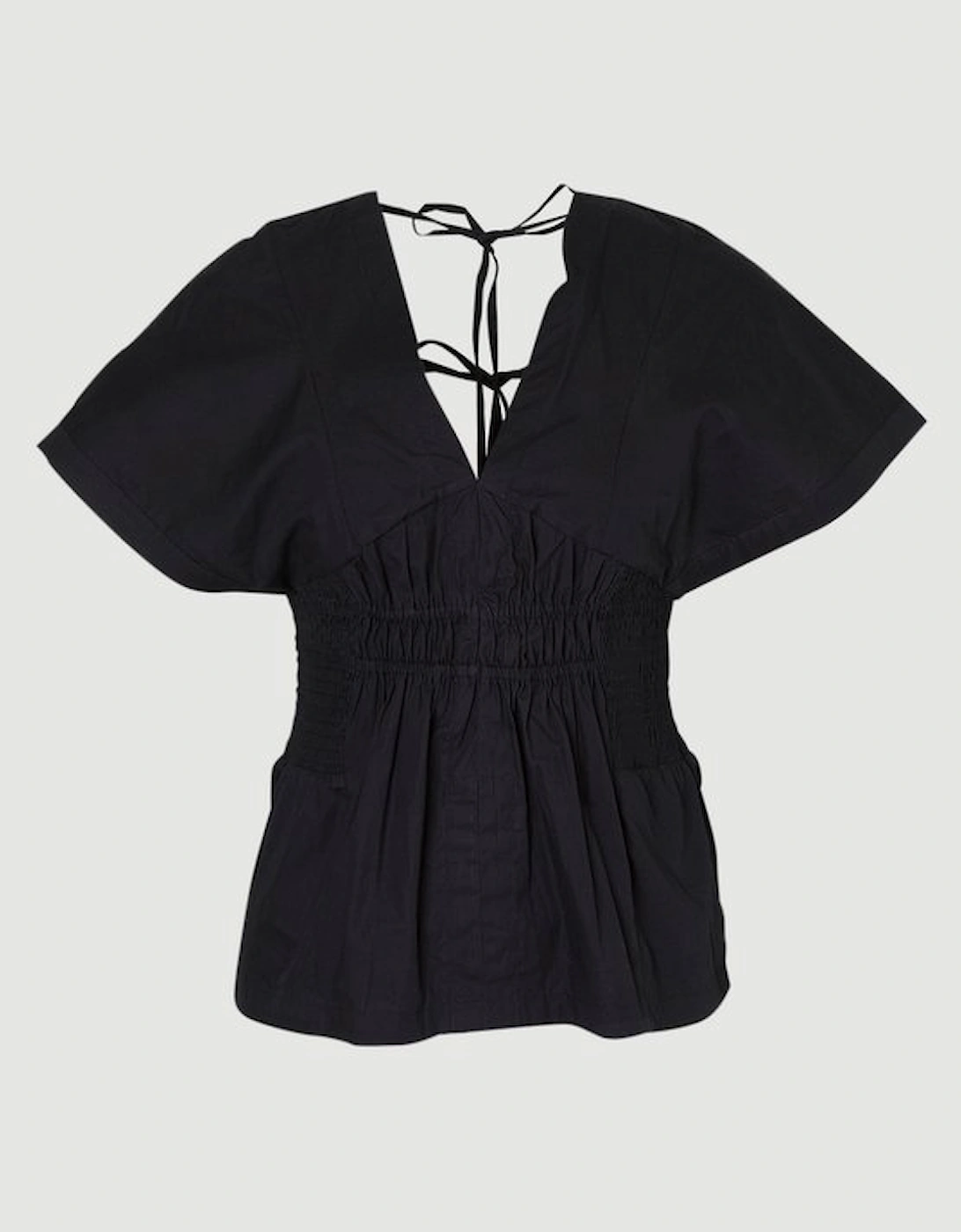 Shirred Cotton Woven Plunge Neck Short Sleeve Top