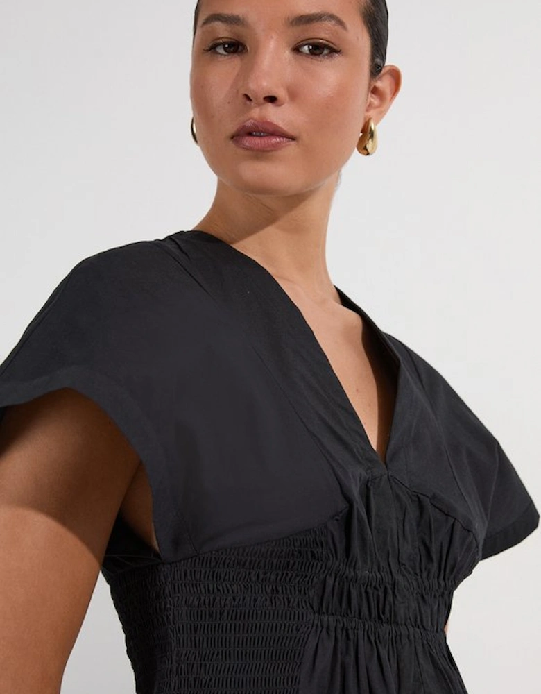 Shirred Cotton Woven Plunge Neck Short Sleeve Top