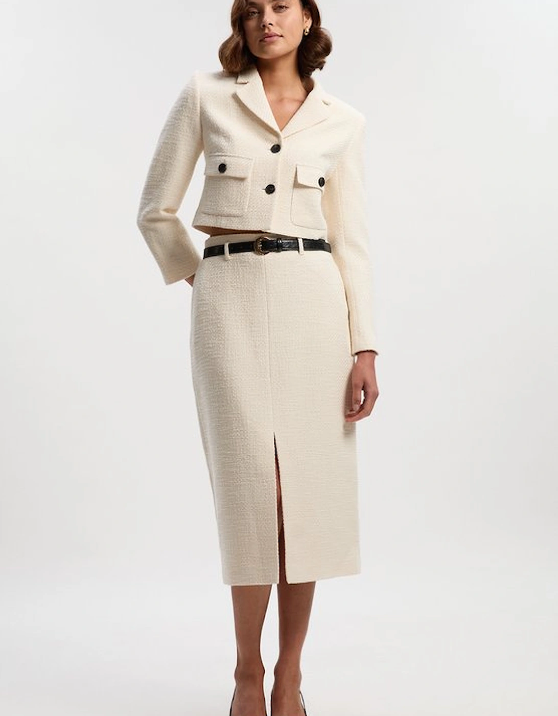 Textured Tweed Pocket Front Tailored Cropped Jacket