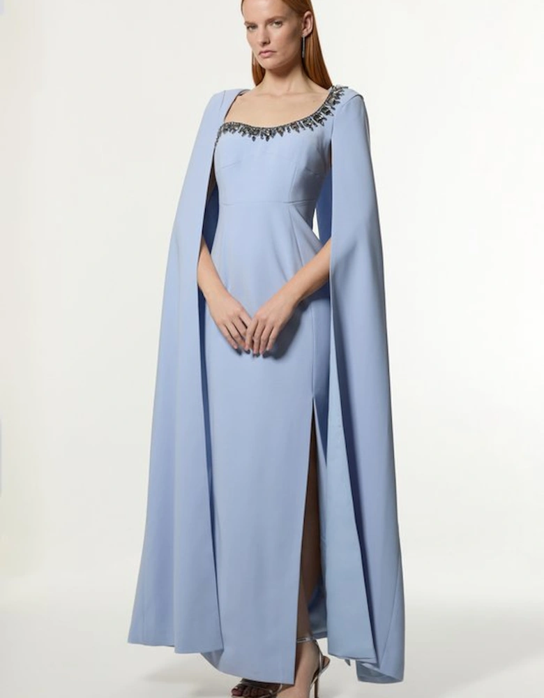 Crystal Embellished Viscose Crepe Woven Cape Maxi Dress