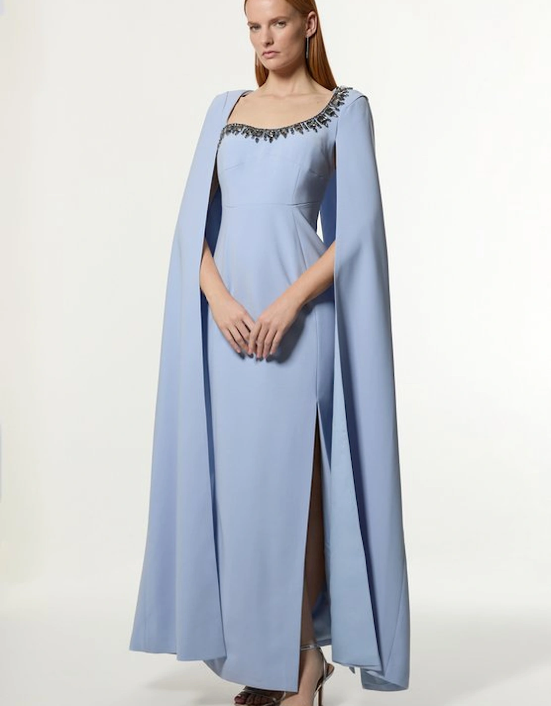 Crystal Embellished Viscose Crepe Woven Cape Maxi Dress