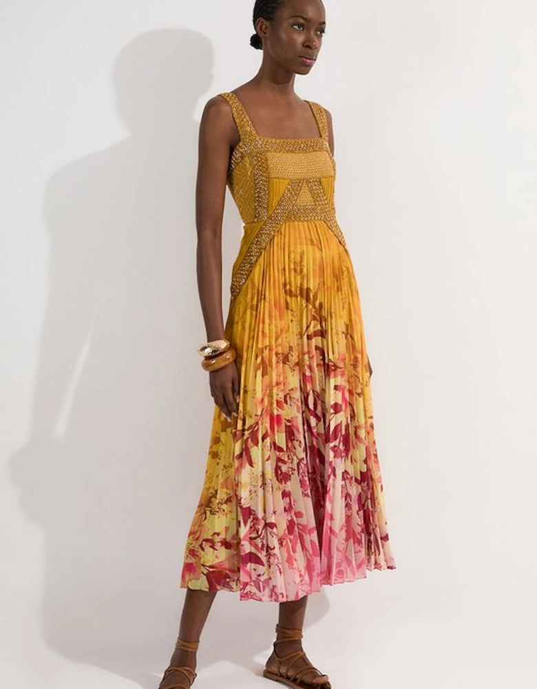 Tall Embellished Ombre Floral Pleated Woven Maxi Dress