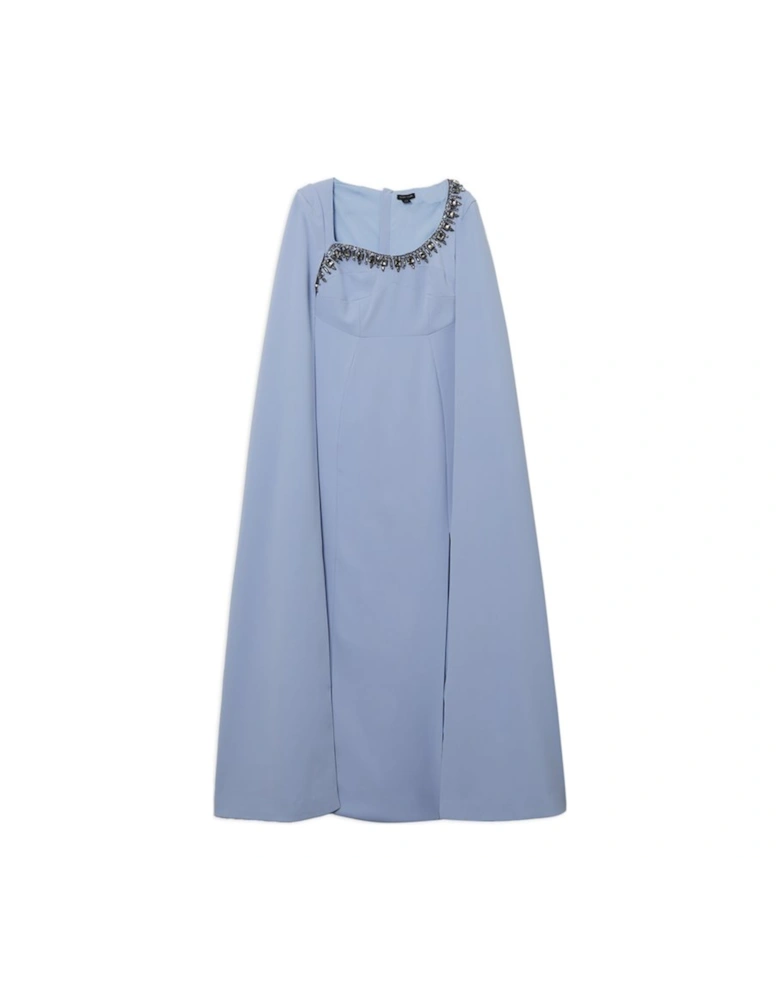 Crystal Embellished Viscose Crepe Woven Cape Maxi Dress