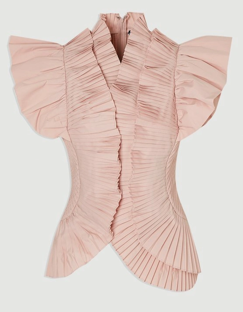 Plus Size Pleated Ruffle Sleeve Woven Top