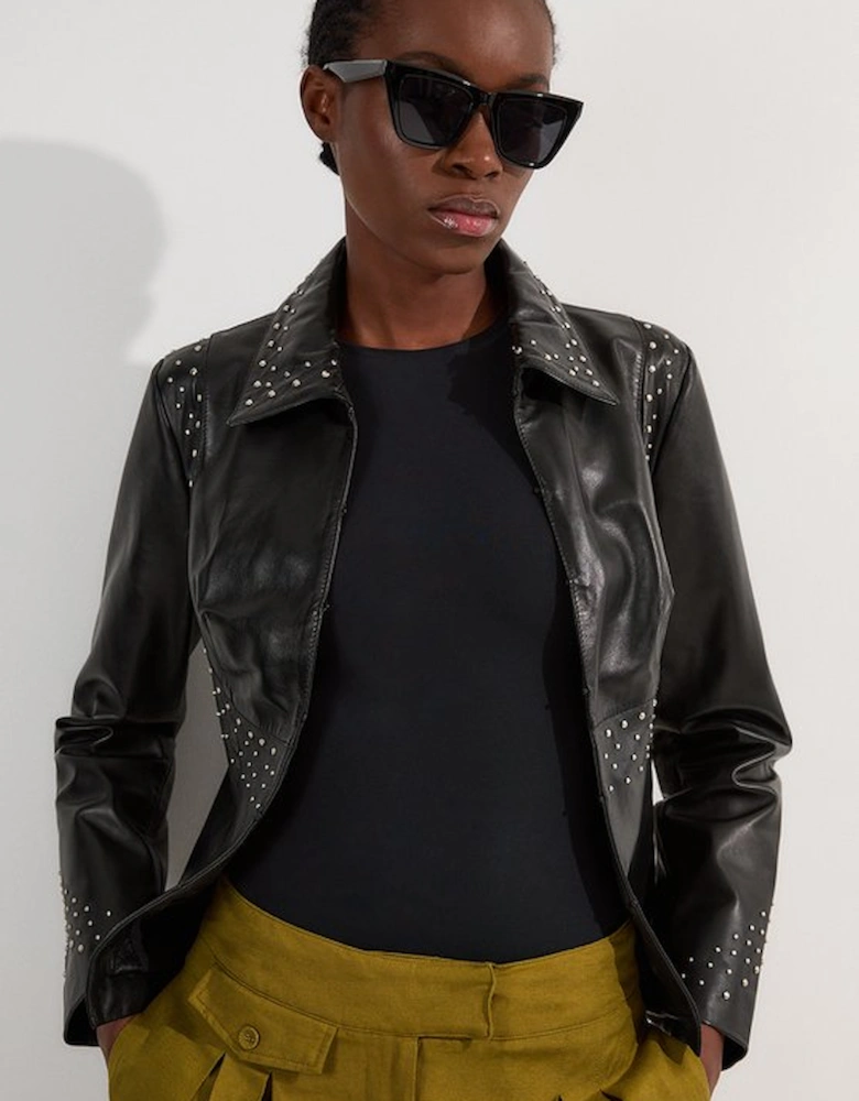 Studded Leather High Collar Tailored Jacket