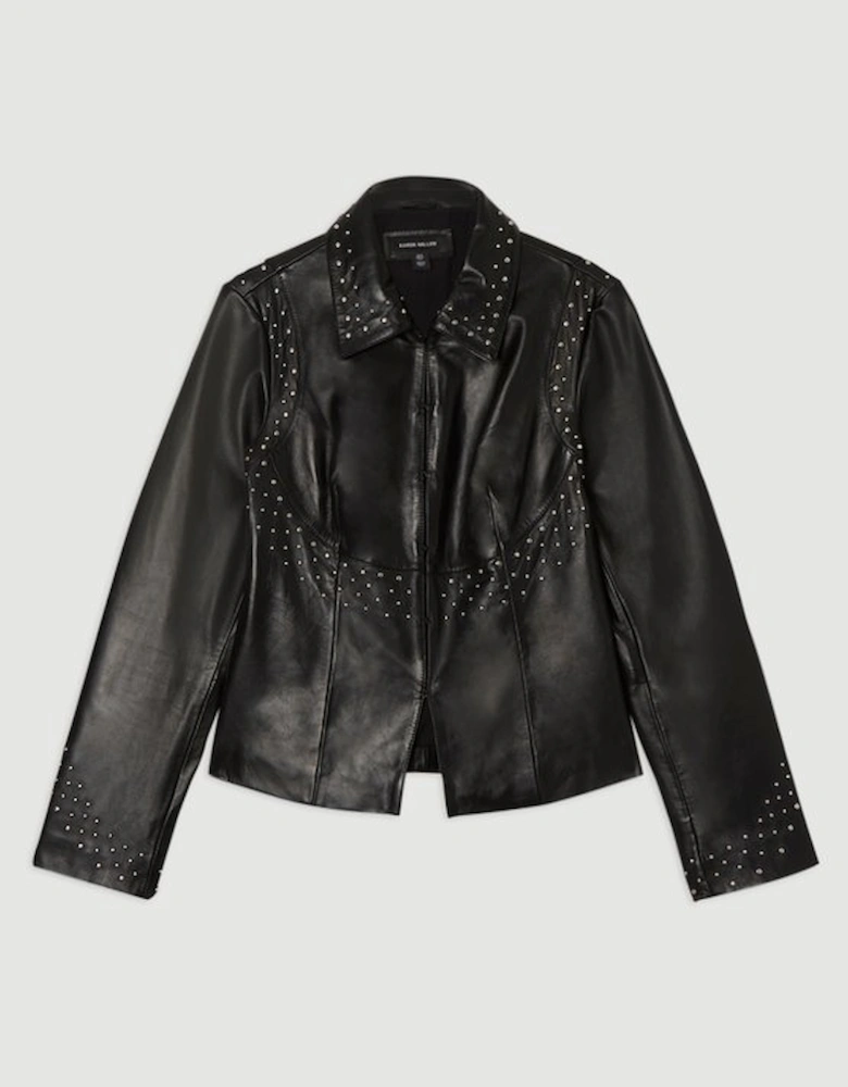 Studded Leather High Collar Tailored Jacket