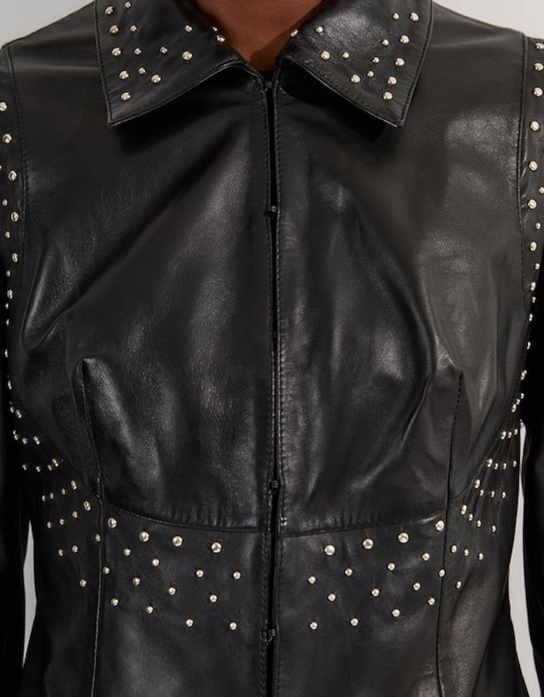 Studded Leather High Collar Tailored Jacket