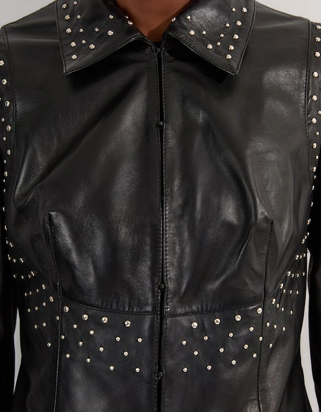 Studded Leather High Collar Tailored Jacket