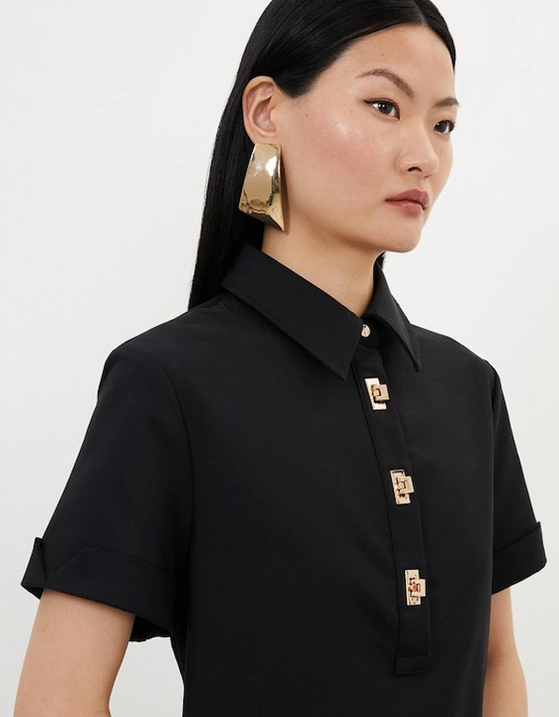 Petite Techno Cotton Woven Short Dress With Gold Clasps