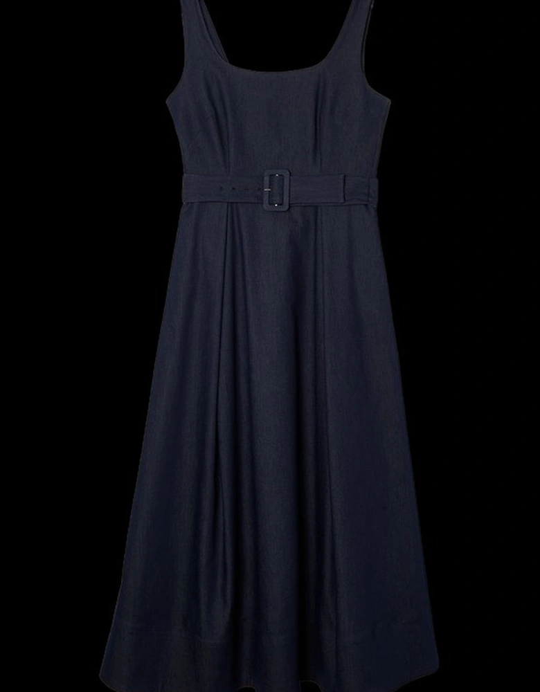 Tailored Denim Full Skirt Midi Dress