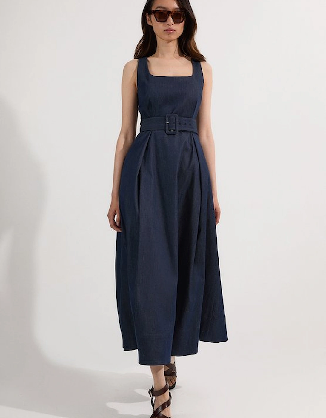 Tailored Denim Full Skirt Midi Dress