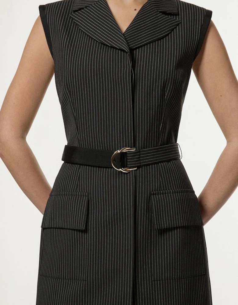 Pinstripe Tailored Grograin Detail Pocket Midi Dress