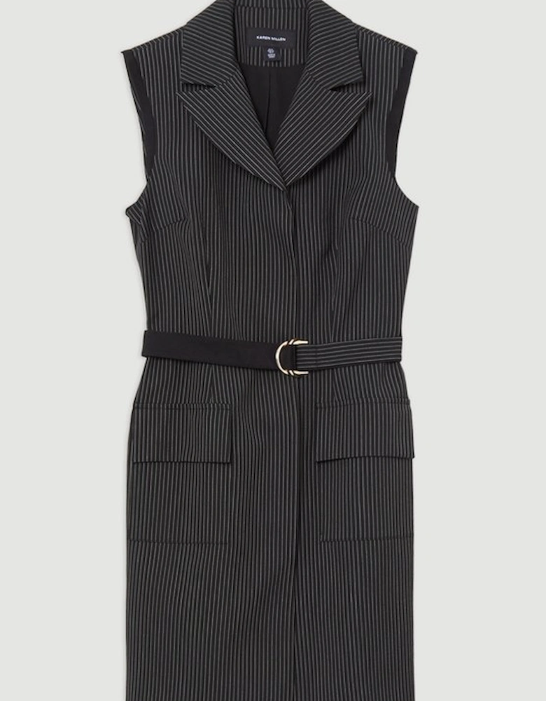 Pinstripe Tailored Grograin Detail Pocket Midi Dress