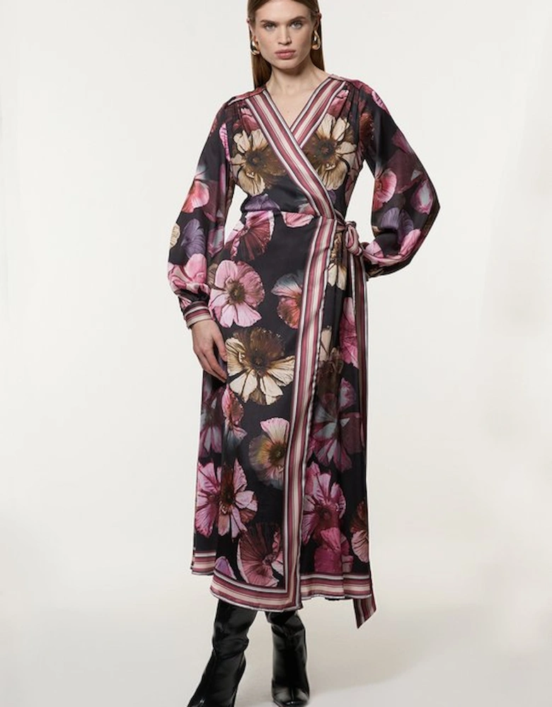 Floral Border Print Woven Maxi Wrap Dress