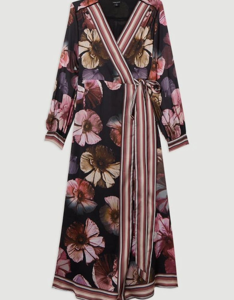 Floral Border Print Woven Maxi Wrap Dress