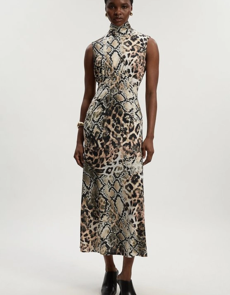 Snake Print High Neck Jersey Crepe Maxi Dress