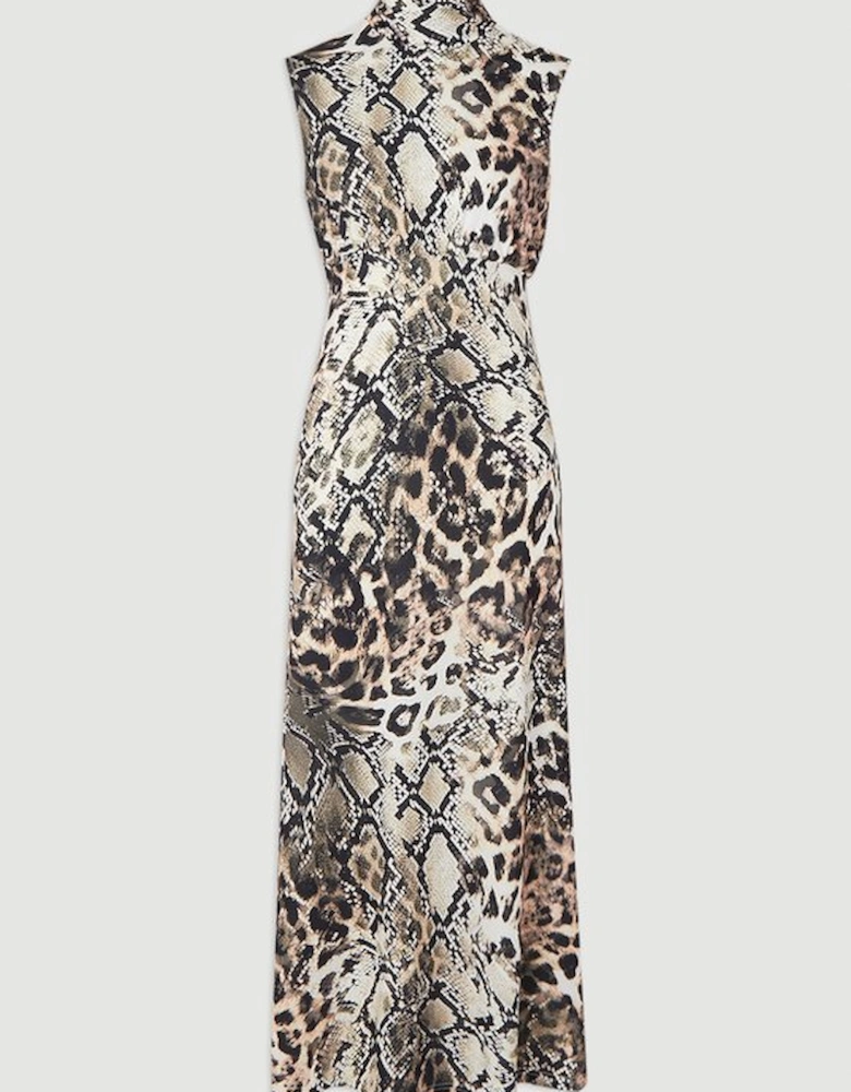 Snake Print High Neck Jersey Crepe Maxi Dress
