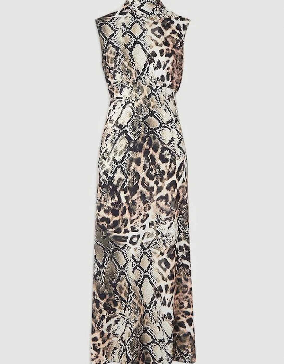 Snake Print High Neck Jersey Crepe Maxi Dress