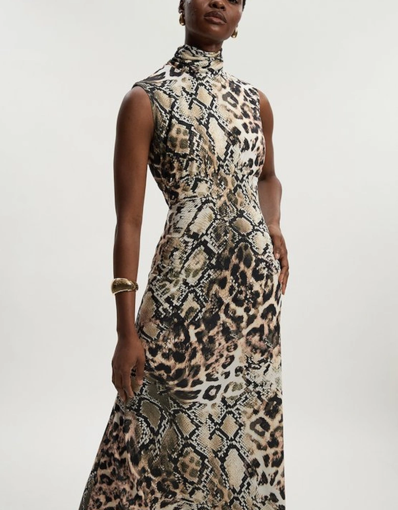 Snake Print High Neck Jersey Crepe Maxi Dress