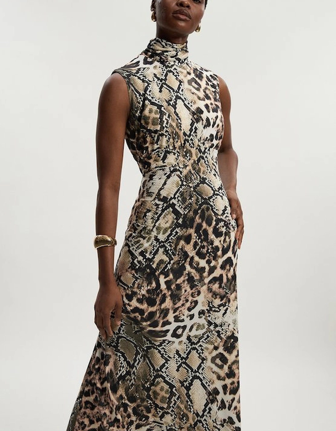 Snake Print High Neck Jersey Crepe Maxi Dress