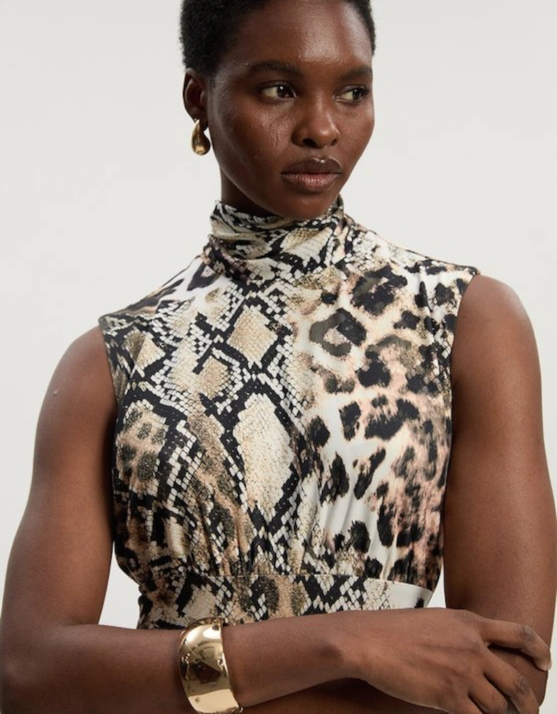 Snake Print High Neck Jersey Crepe Maxi Dress
