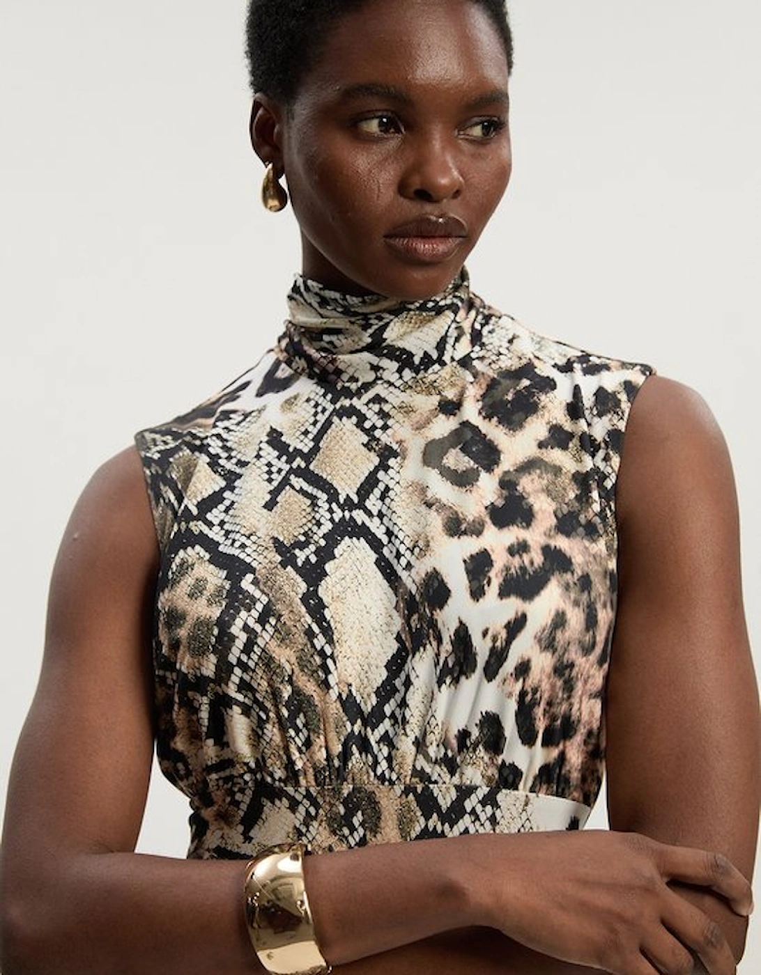 Snake Print High Neck Jersey Crepe Maxi Dress