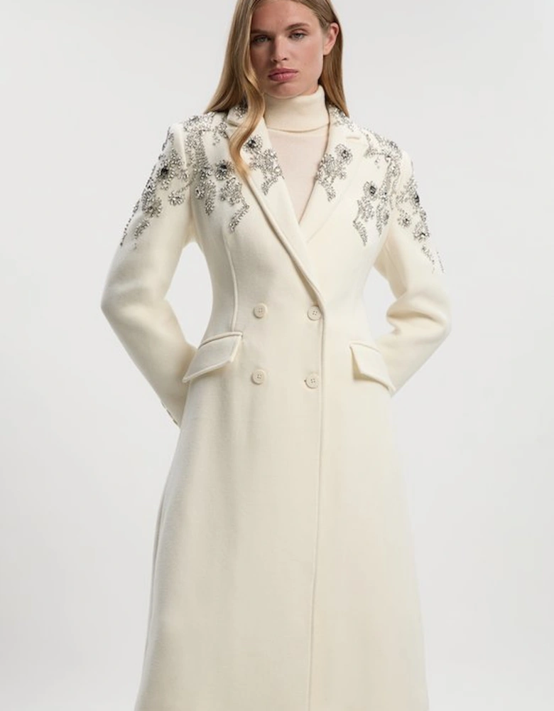 Tailored Wool Embellished Double Breasted Midi Coat