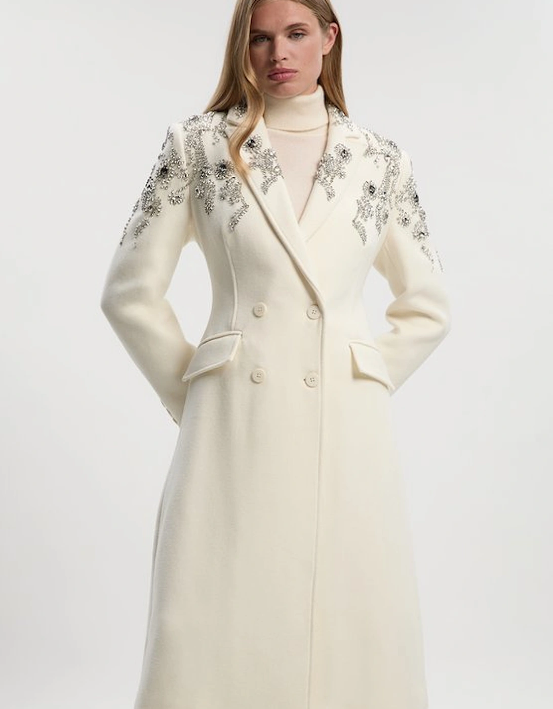 Tailored Wool Embellished Double Breasted Midi Coat