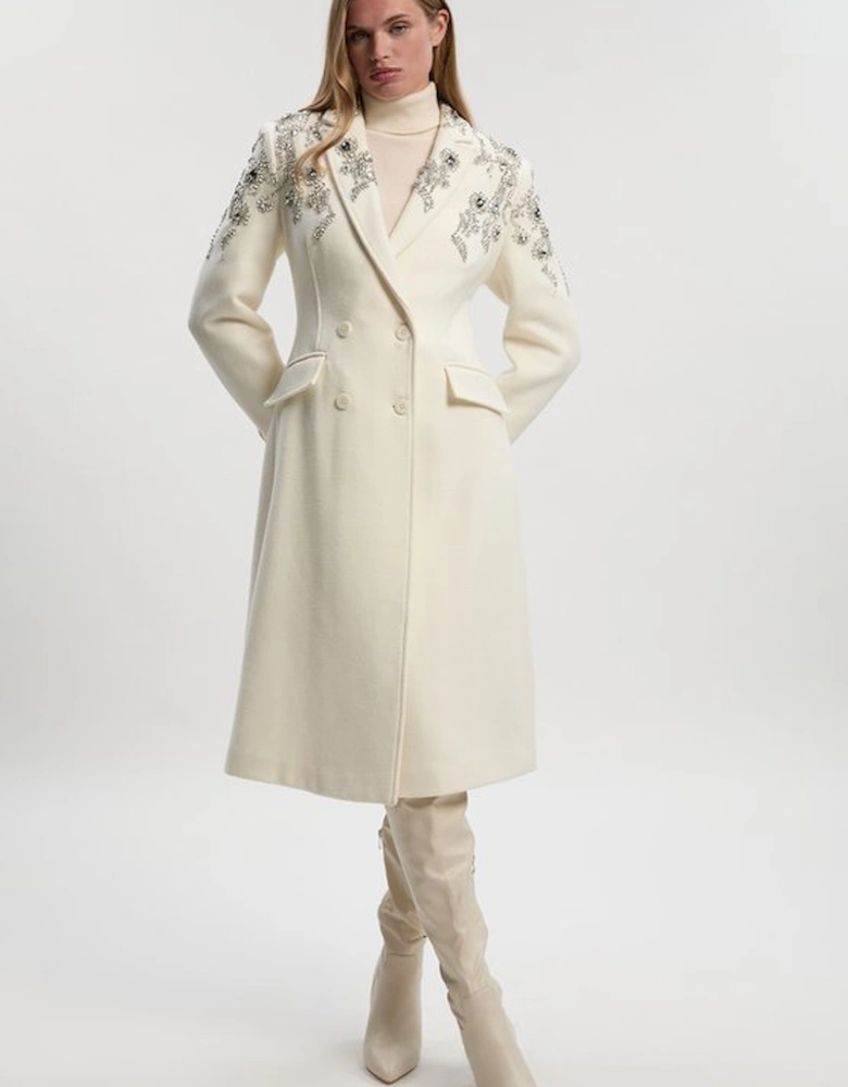 Tailored Wool Embellished Double Breasted Midi Coat