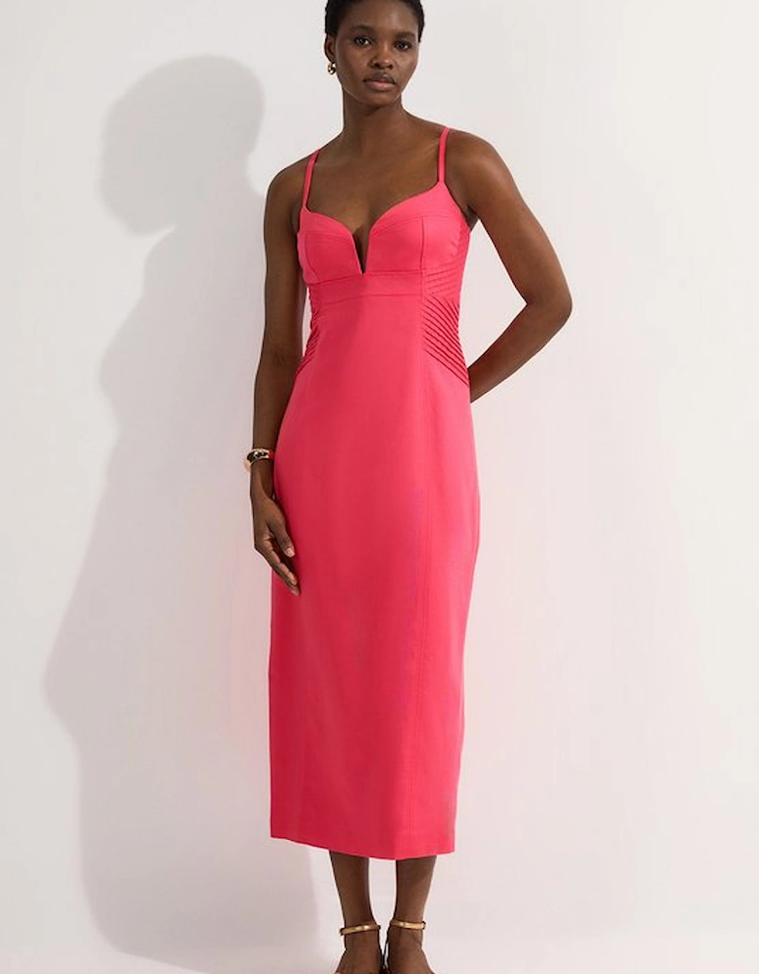 Tall Premium Linen Pintuck Detail Pencil Tailored Midi Dress