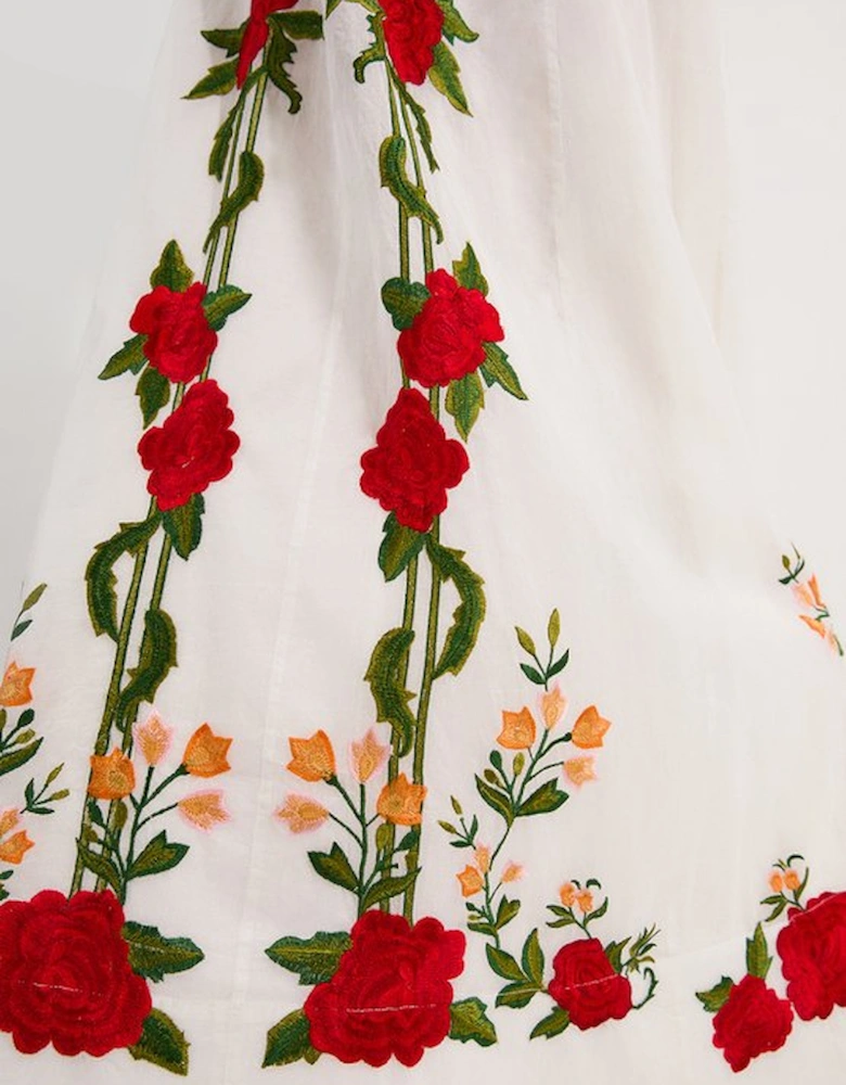 Rose Embroidered Cotton Organdie Midi Halter Dress