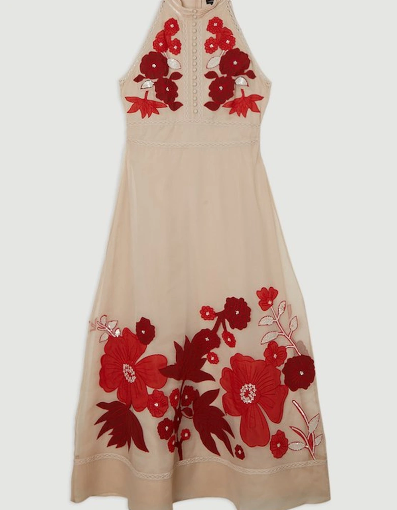 Rose Embroidered Cotton Organdie Midi Halter Dress