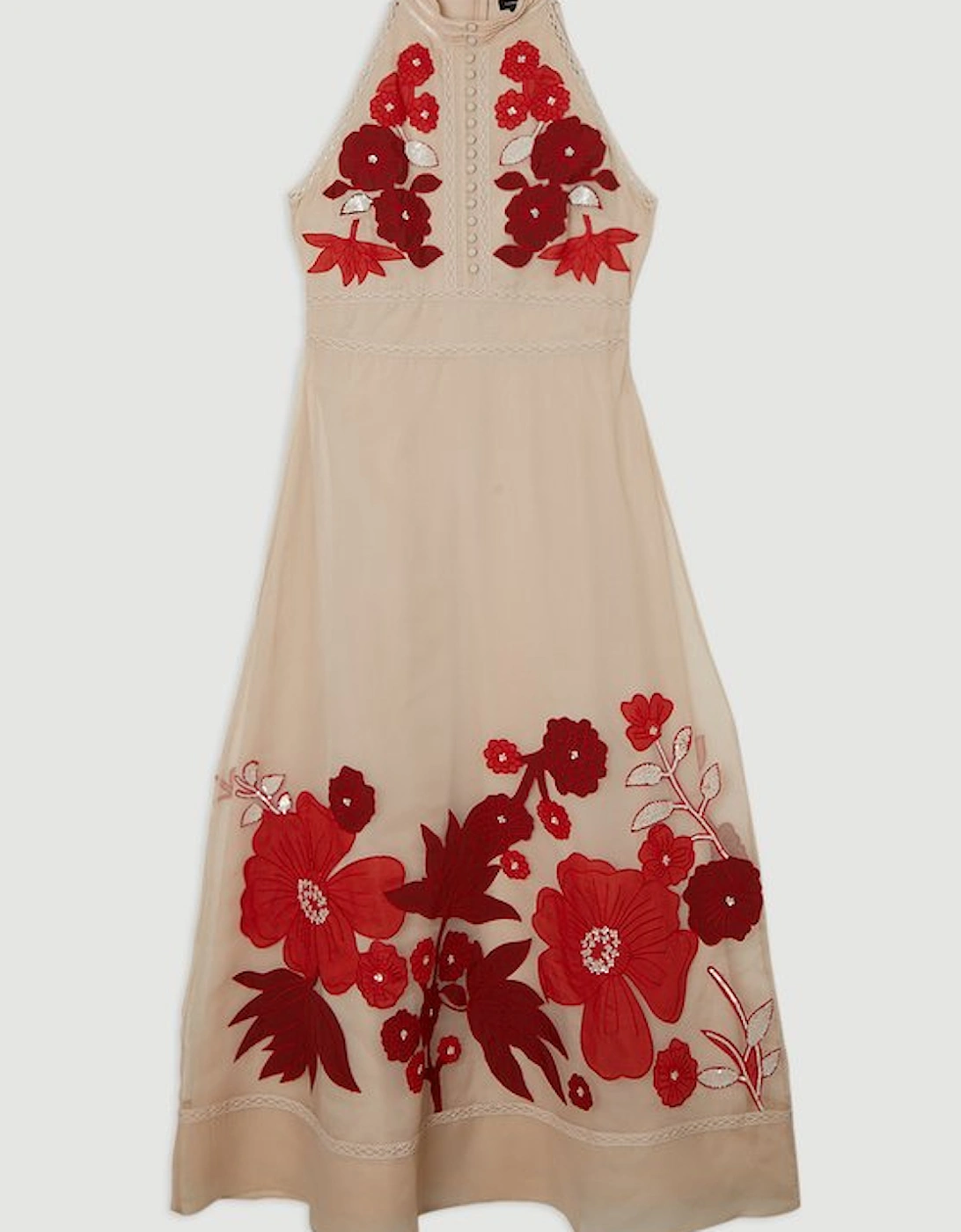 Rose Embroidered Cotton Organdie Midi Halter Dress