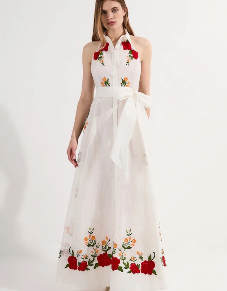 Rose Embroidered Cotton Organdie Midi Halter Dress
