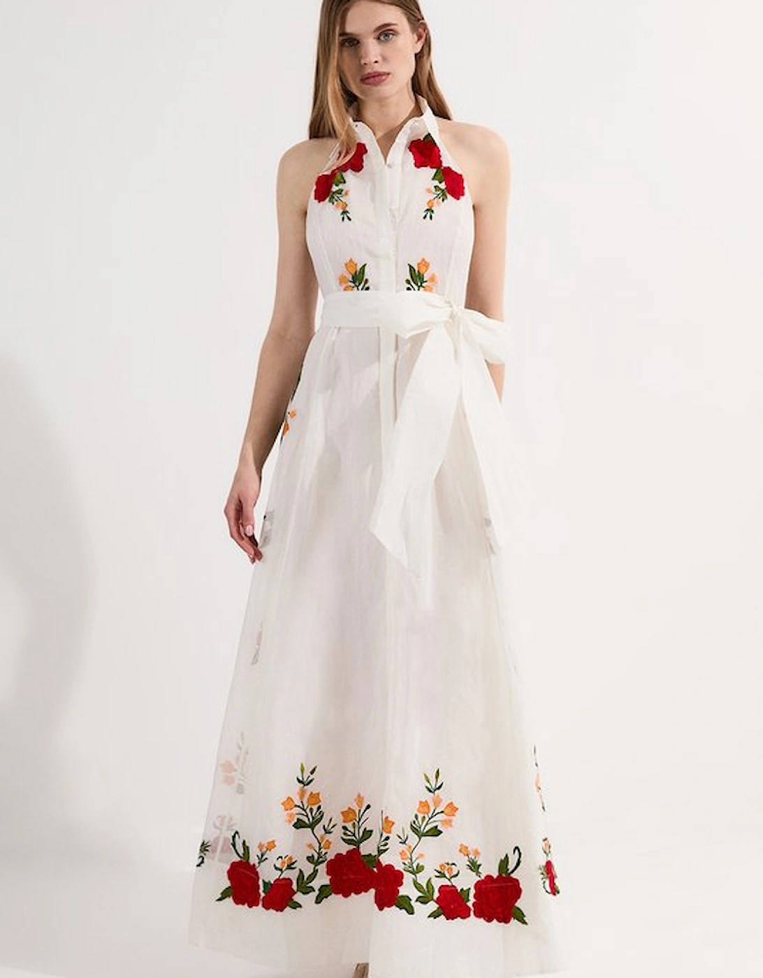 Rose Embroidered Cotton Organdie Midi Halter Dress, 5 of 4